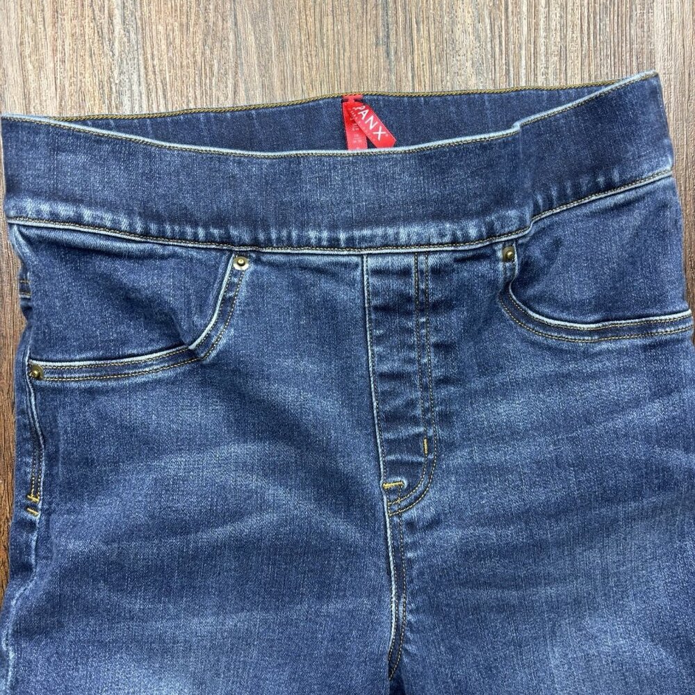 Spanx Pull On Straight Jeans Dark Wash Raw Hem Women’s Size Small - Picture 3 of 11